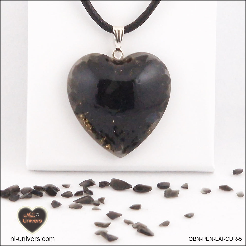 Black Obsidian heart pendant M.3 in brass orgonite