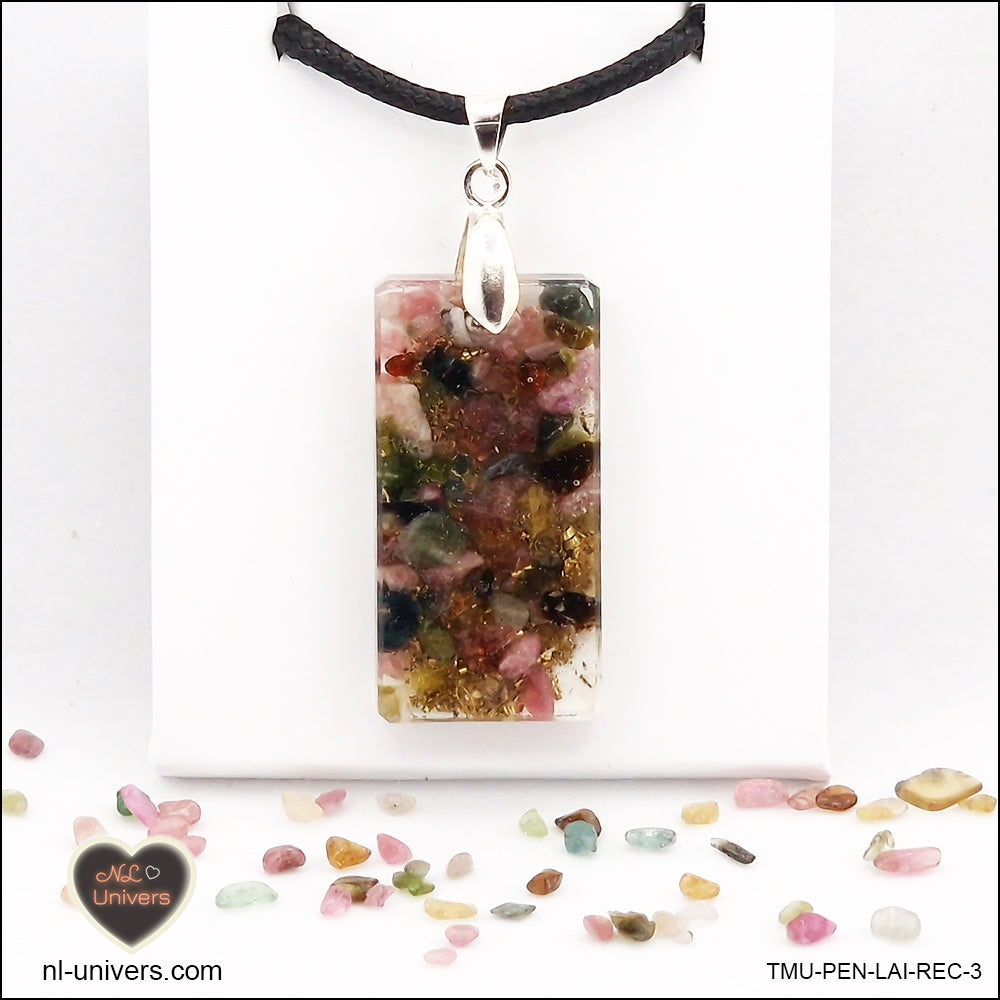 Pendentif Tourmaline multicolore rectangle M.2 en orgonite laiton