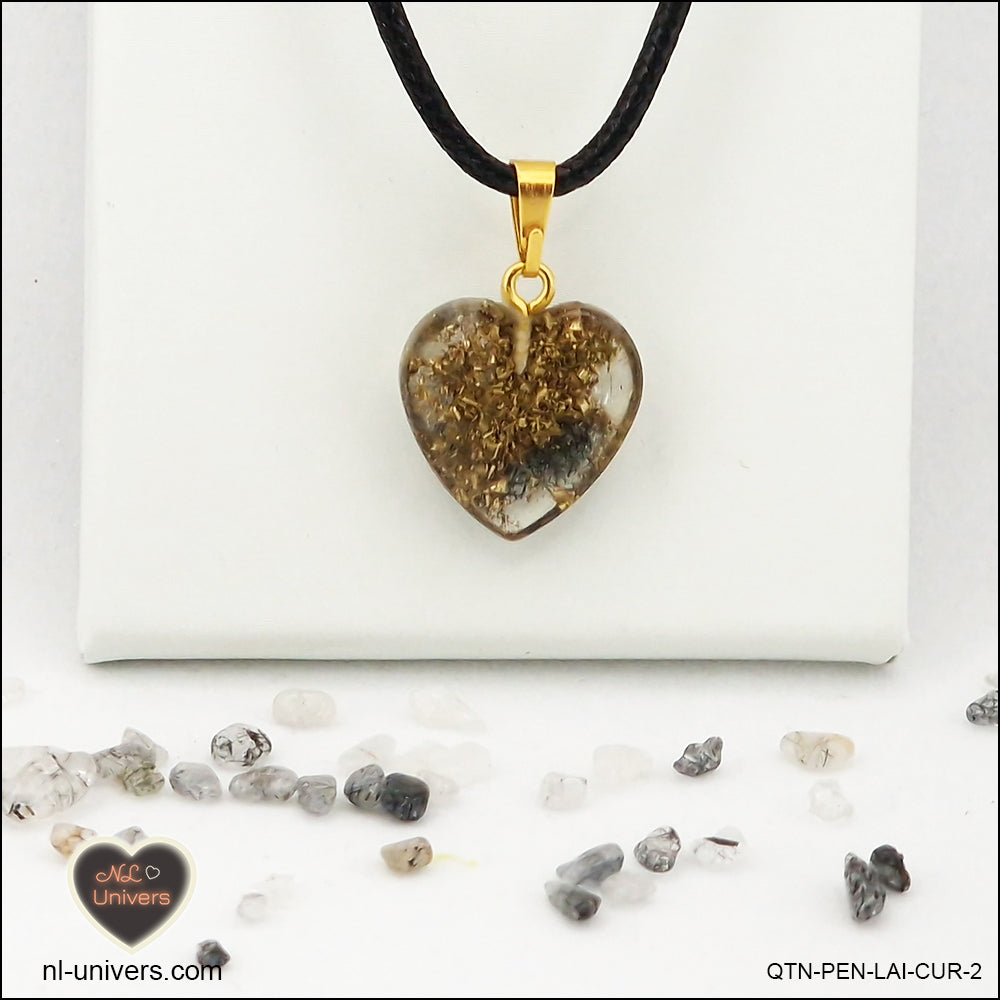 Quartz Tourmaline black heart pendant M.1 in brass orgonite