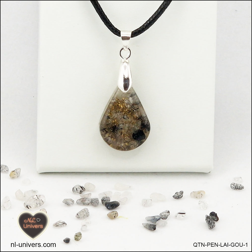 Pendentif Quartz Tourmaline noire goutte en orgonite laiton