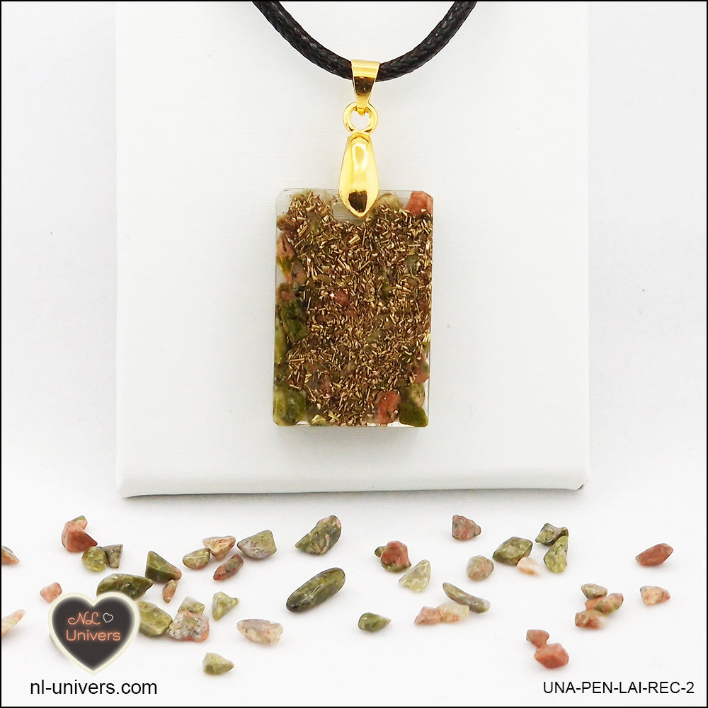 Unakite rectangle pendant M.1 in brass orgonite