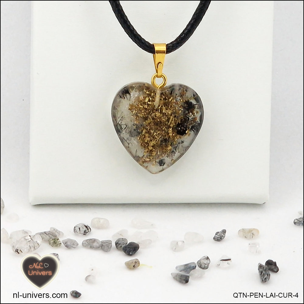 Quartz Tourmaline black heart pendant M.2 in brass orgonite