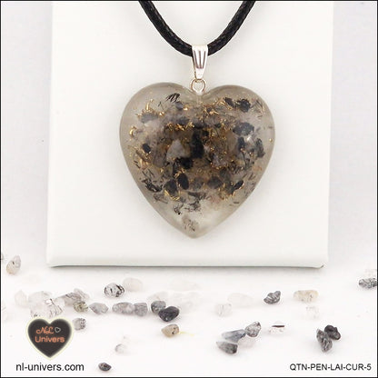 Quartz Tourmaline black heart pendant M.3 in brass orgonite