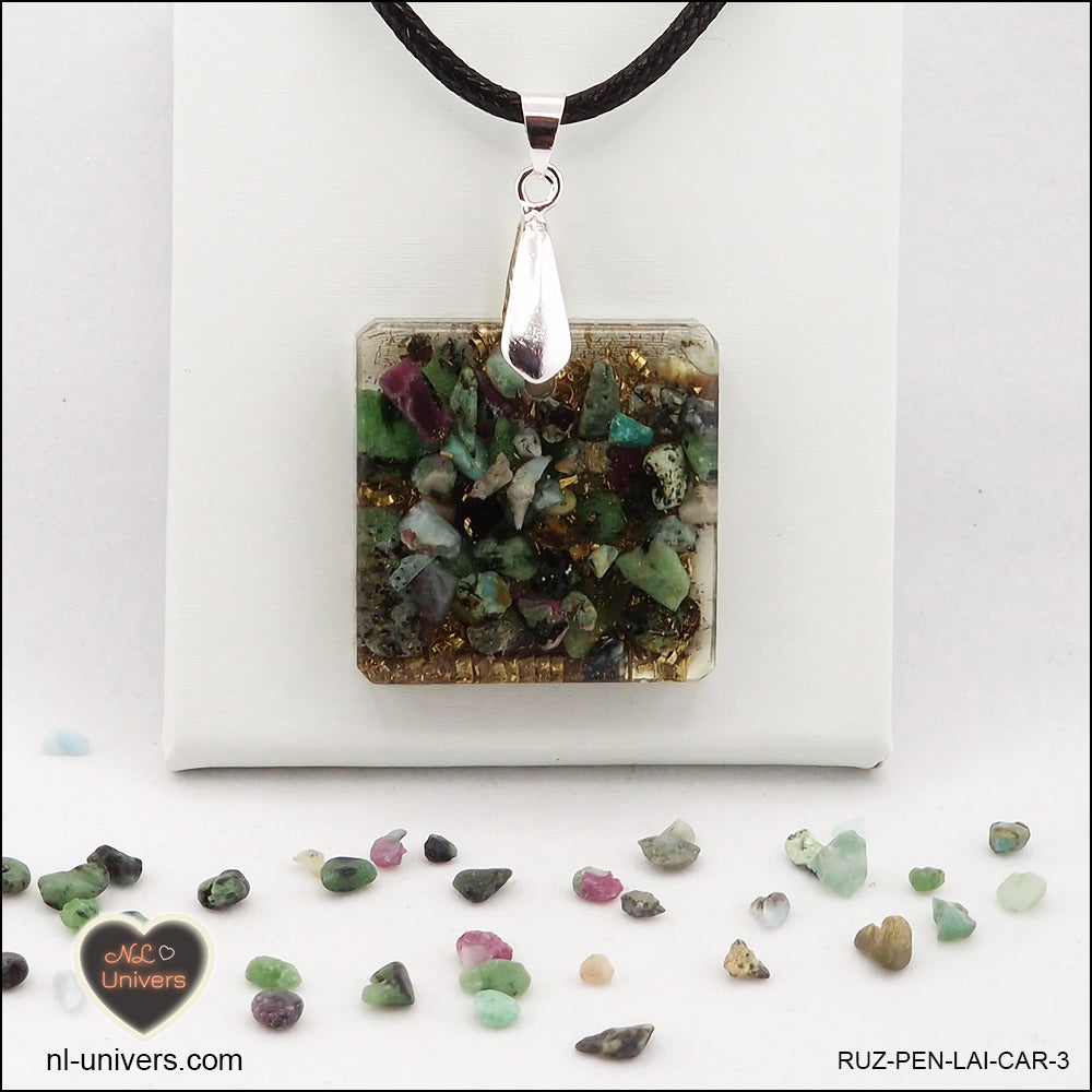 Square Ruby-Zoisite pendant M.2 in brass orgonite