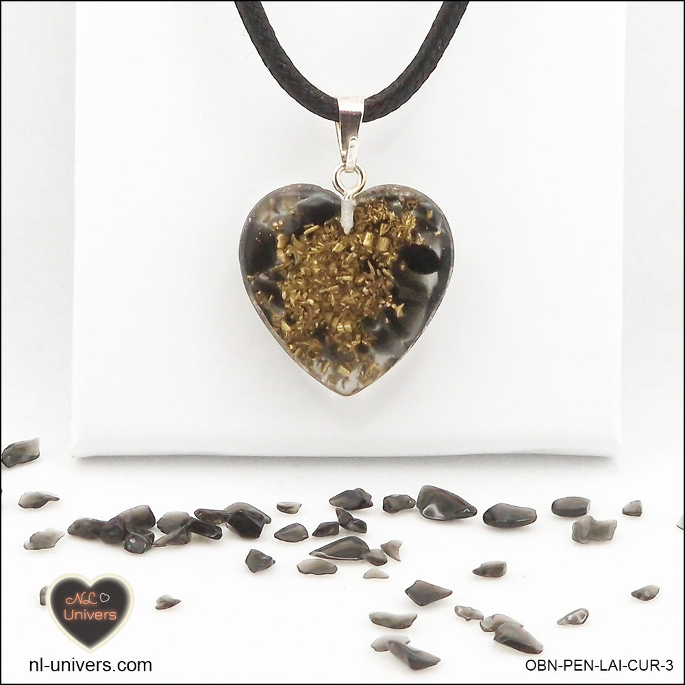 Black Obsidian heart pendant M.2 in brass orgonite