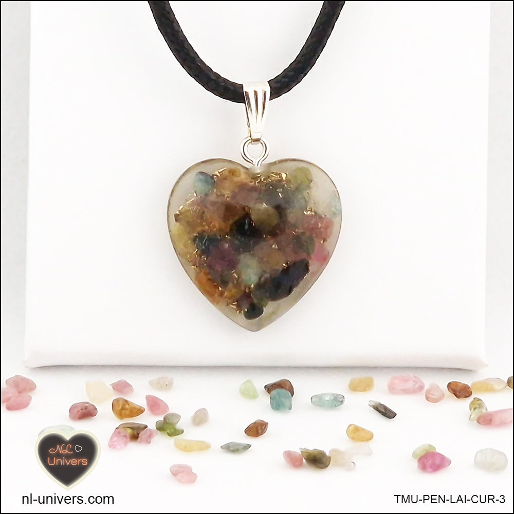 Multicolor Tourmaline heart pendant M.2 in brass orgonite