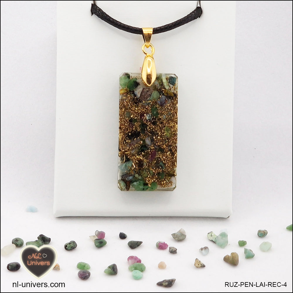 Pendentif Rubis-Zoïsite rectangle M.2 en orgonite laiton