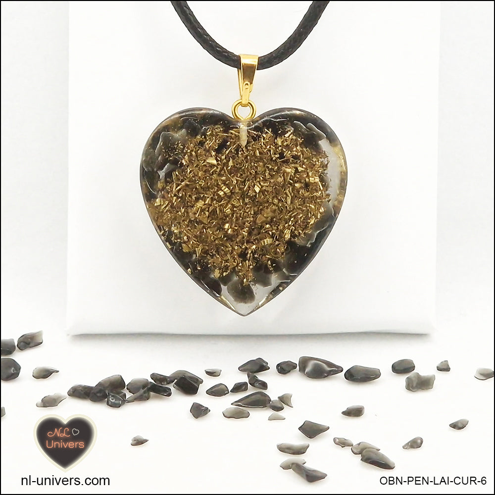 Black Obsidian heart pendant M.3 in brass orgonite