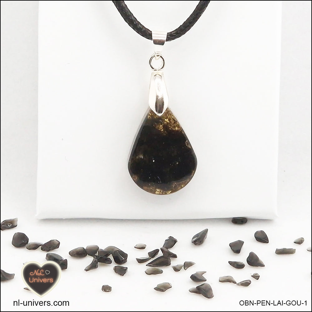 Pendentif Obsidienne noire goutte en orgonite laiton