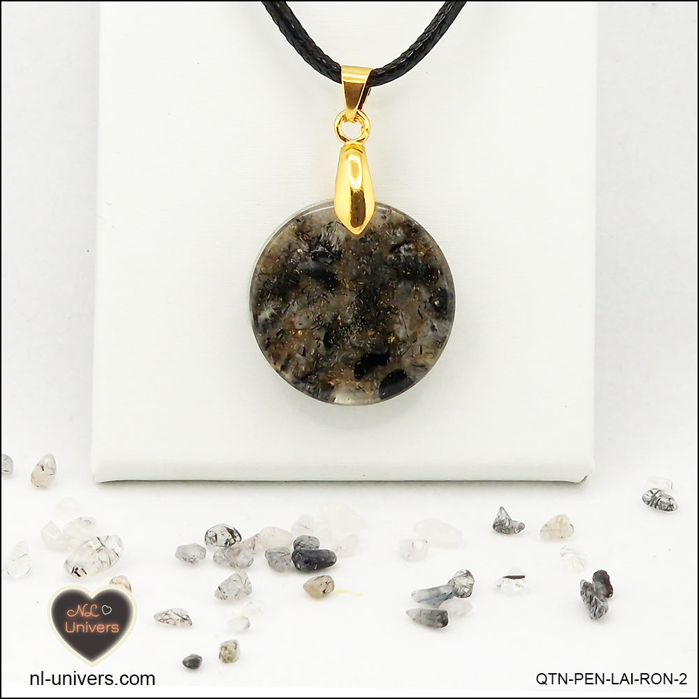 Black Tourmaline Quartz pendant round M.1 in brass orgonite