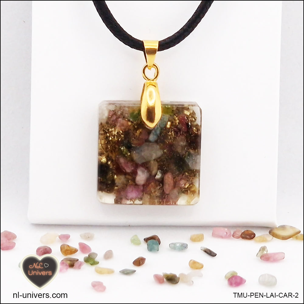 Square multicolor Tourmaline pendant M.1 in brass orgonite