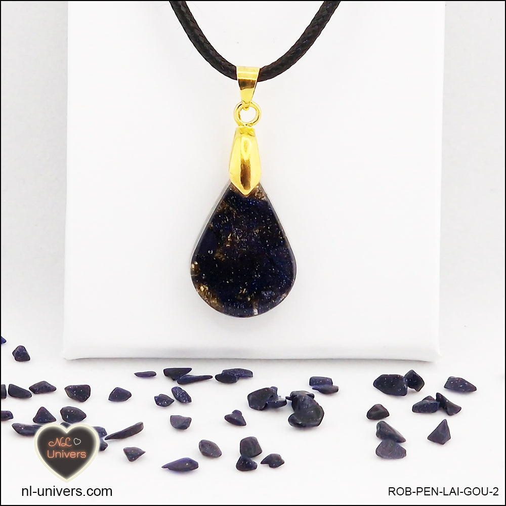 Pendentif Rivière d'or bleue goutte en orgonite laiton