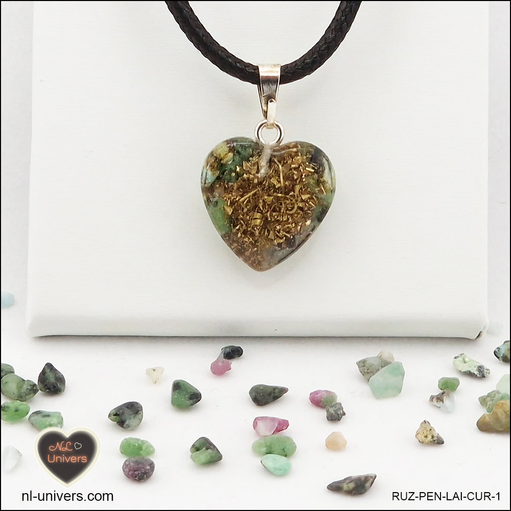 Ruby-Zoïsite heart pendant M.1 in brass orgonite