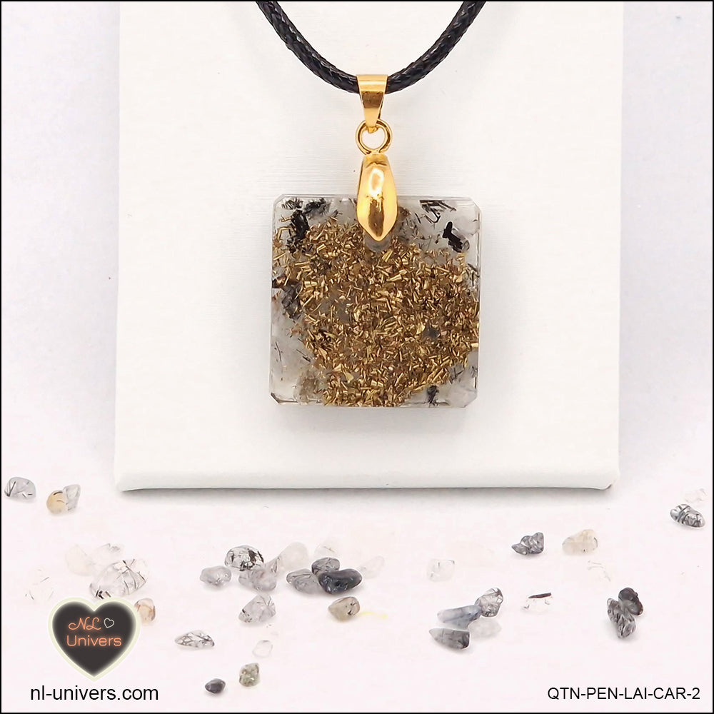 Black Tourmaline Quartz pendant square M.1 in brass orgonite