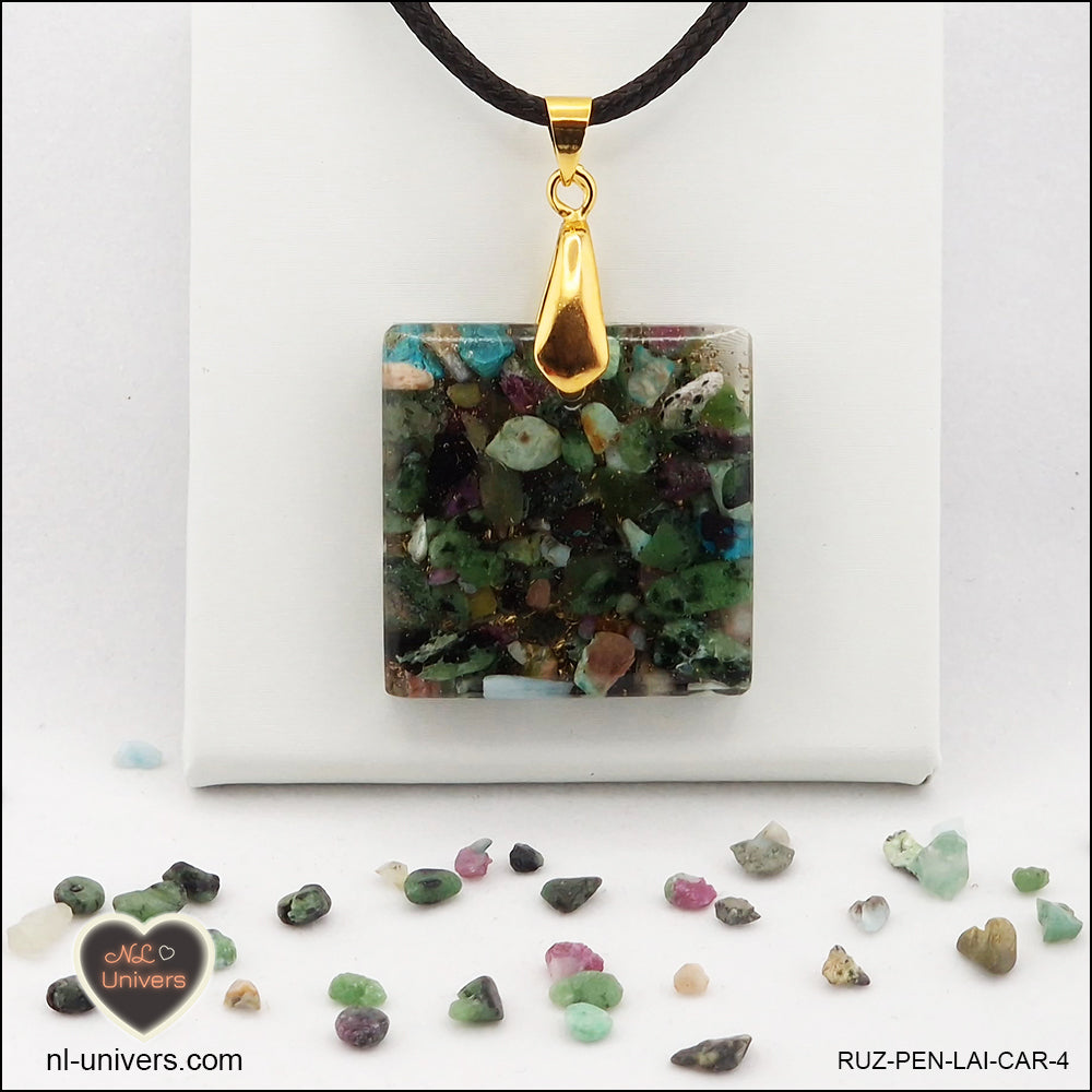 Square Ruby-Zoisite pendant M.2 in brass orgonite