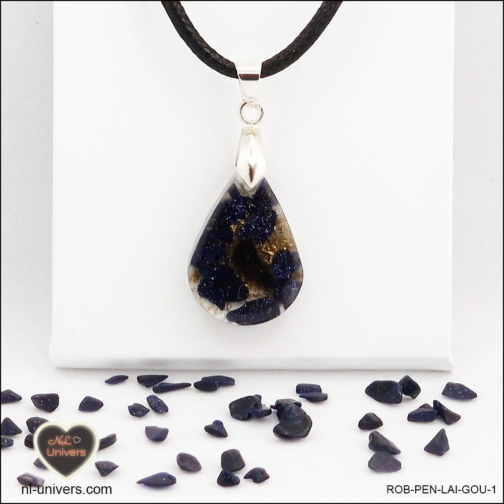 Pendentif Rivière d'or bleue goutte en orgonite laiton