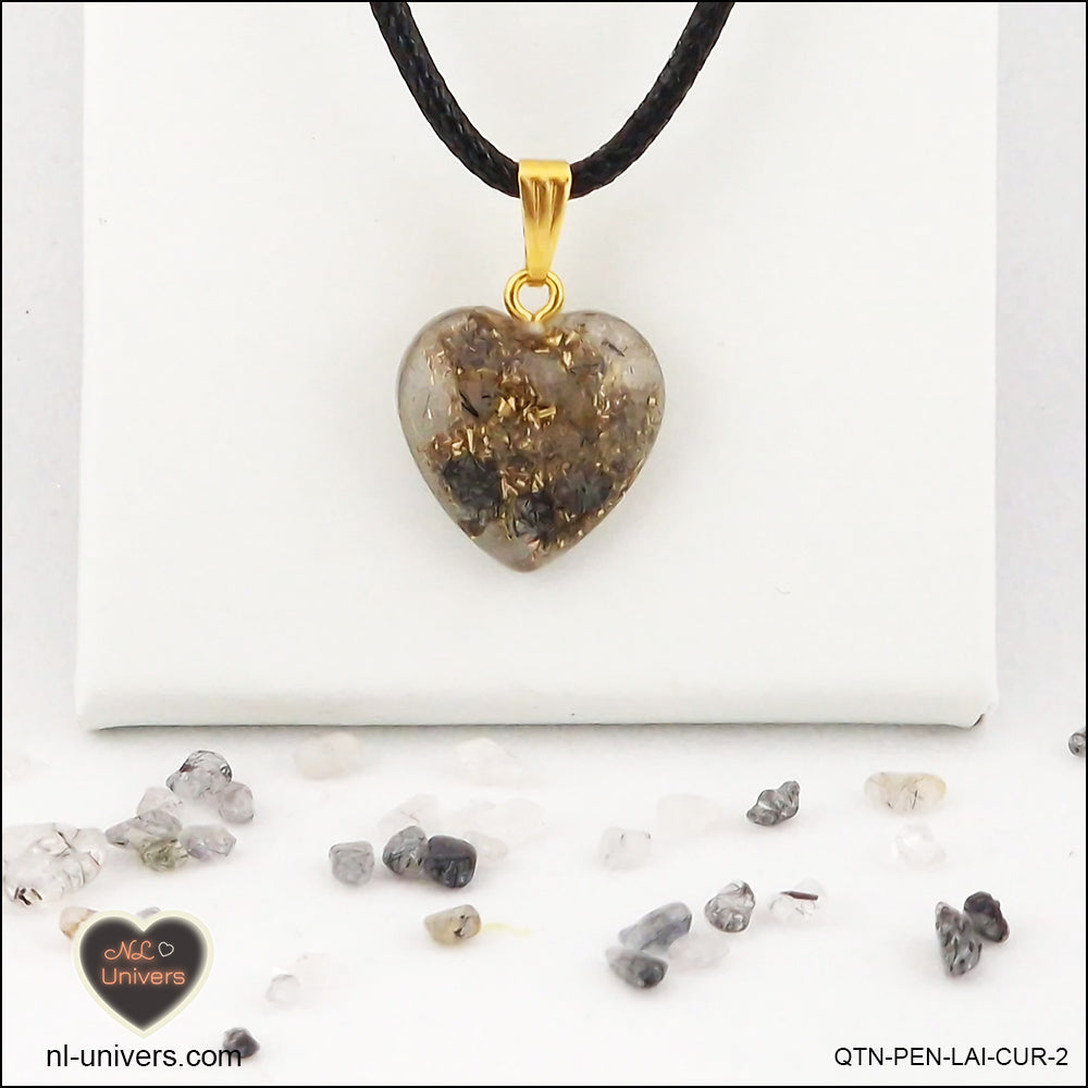 Quartz Tourmaline black heart pendant M.1 in brass orgonite