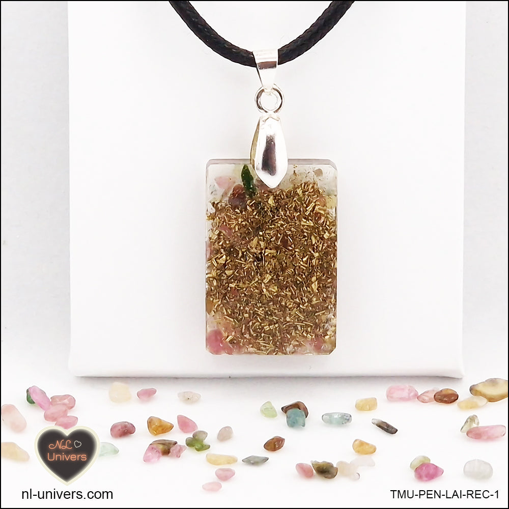 Pendentif Tourmaline multicolore rectangle M.1 en orgonite laiton