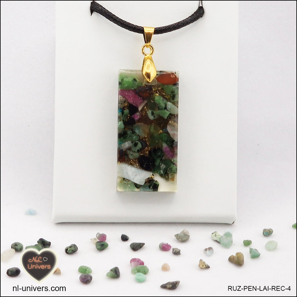 Ruby-Zoisite rectangle pendant M.2 in brass orgonite