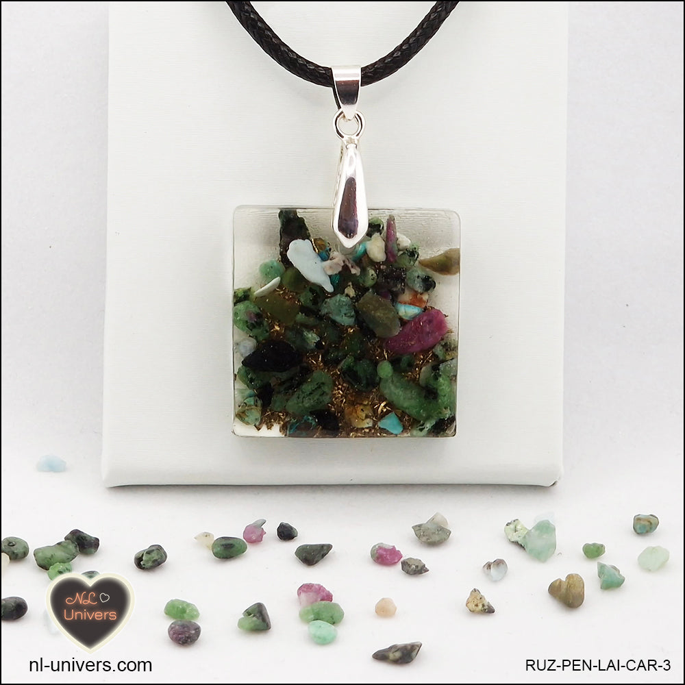 Square Ruby-Zoisite pendant M.2 in brass orgonite