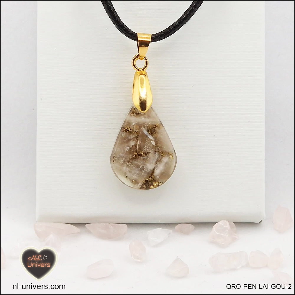 Pendentif Quartz rose goutte en orgonite laiton