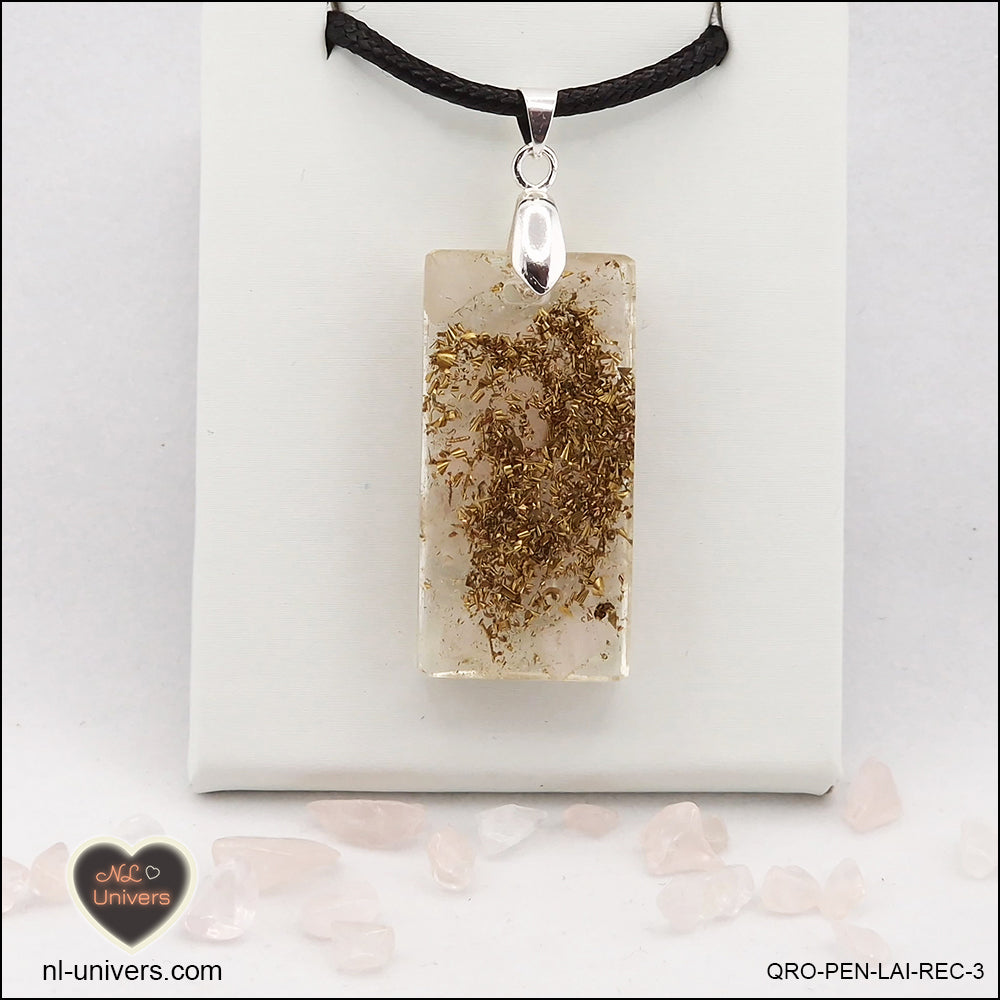 Pendentif Quartz rose rectangle M.2 en orgonite laiton