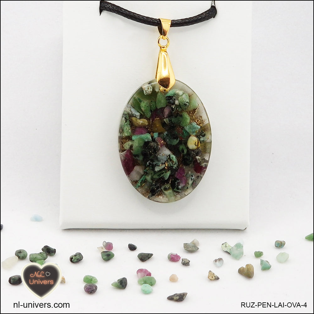 Ruby-Zoisite oval pendant M.2 in brass orgonite