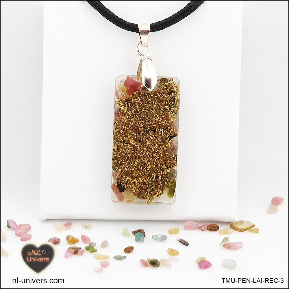 Multicolored Tourmaline rectangle M.2 pendant in brass orgonite