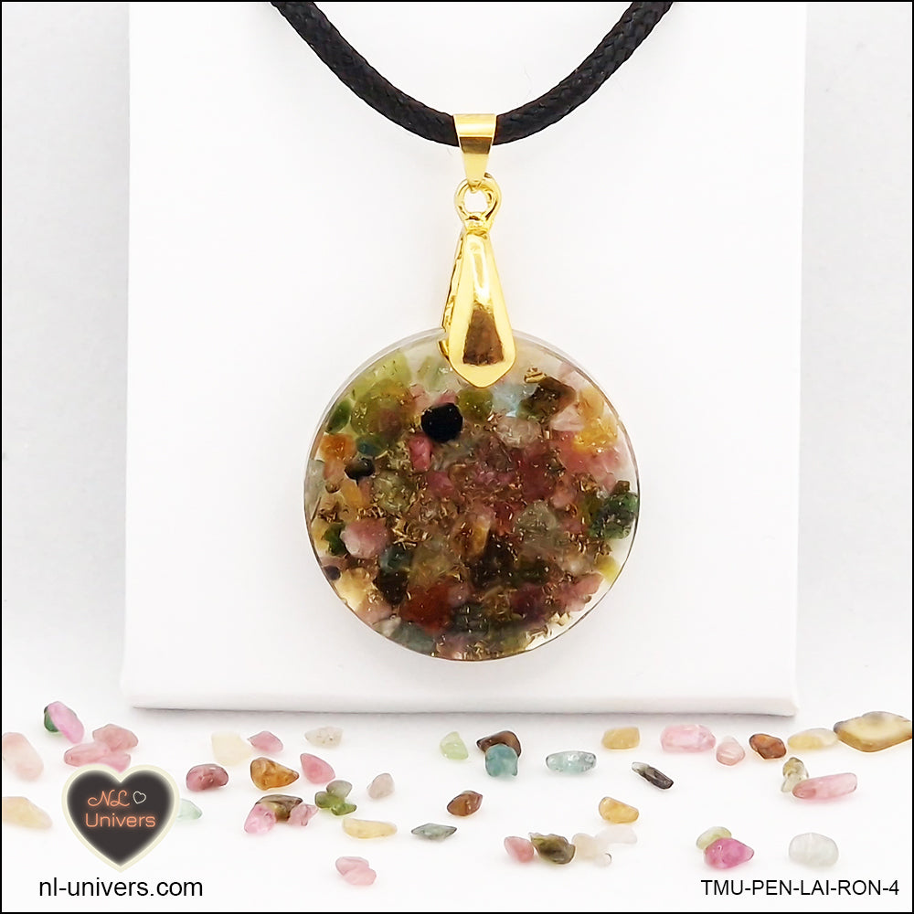 Round multicolor Tourmaline pendant M.2 in brass orgonite