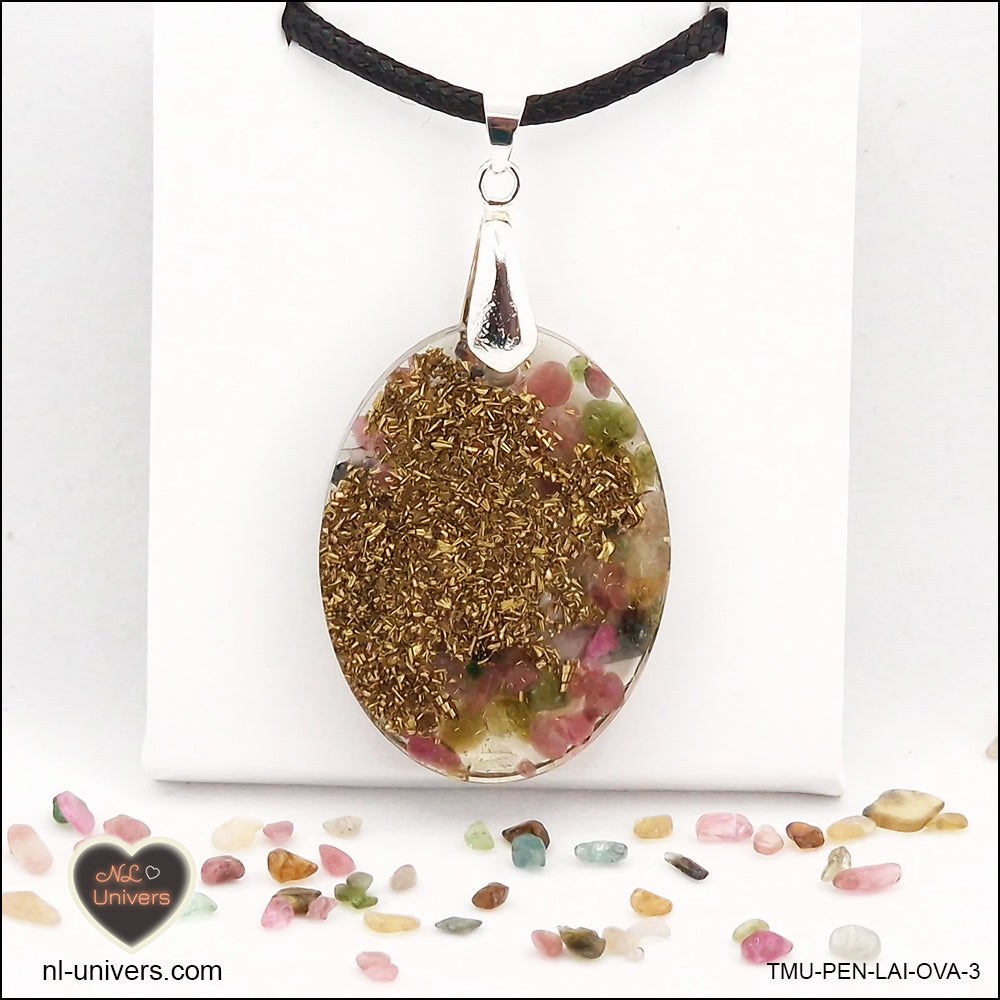 Multicolored Tourmaline pendant oval M.2 in brass orgonite