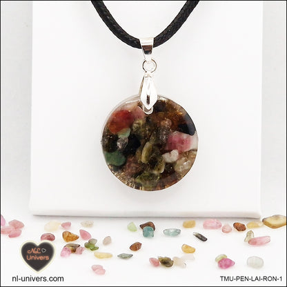 Pendentif Tourmaline multicolore rond M.1 en orgonite laiton