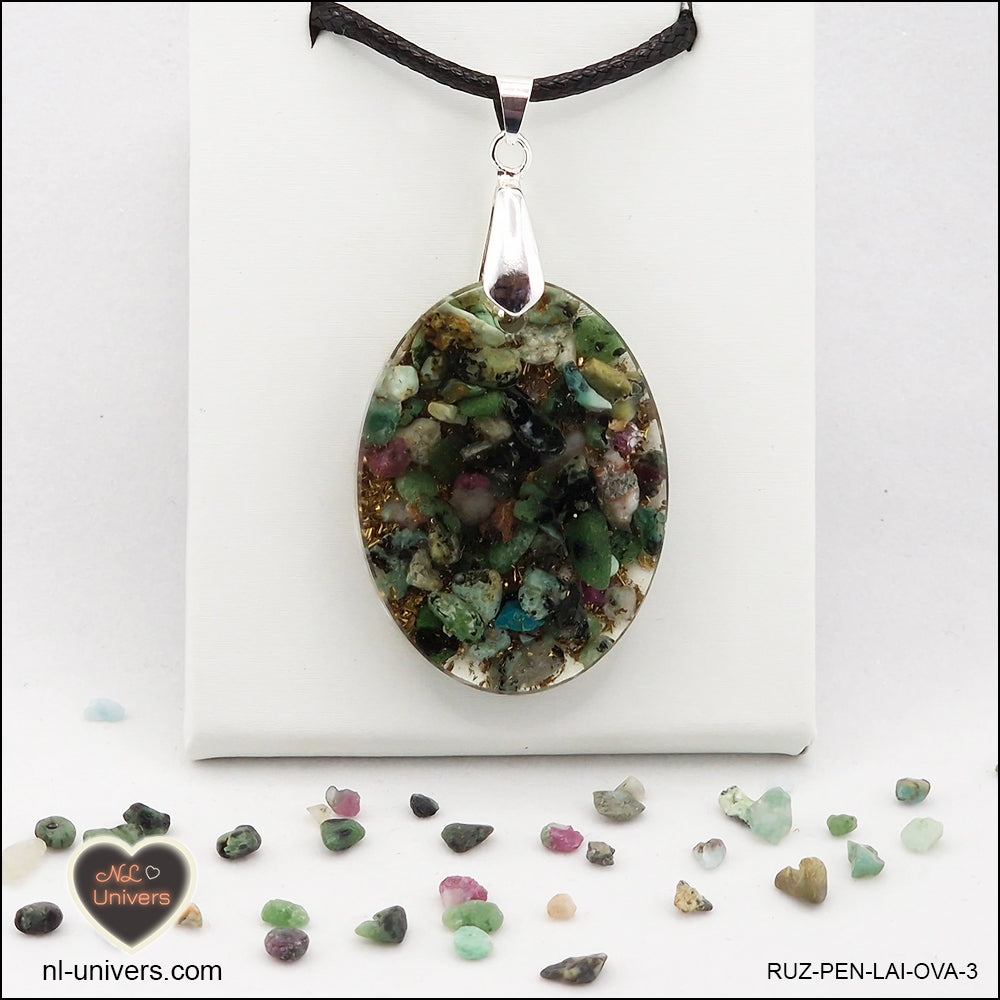 Pendentif Rubis-Zoïsite ovale M.2 en orgonite laiton