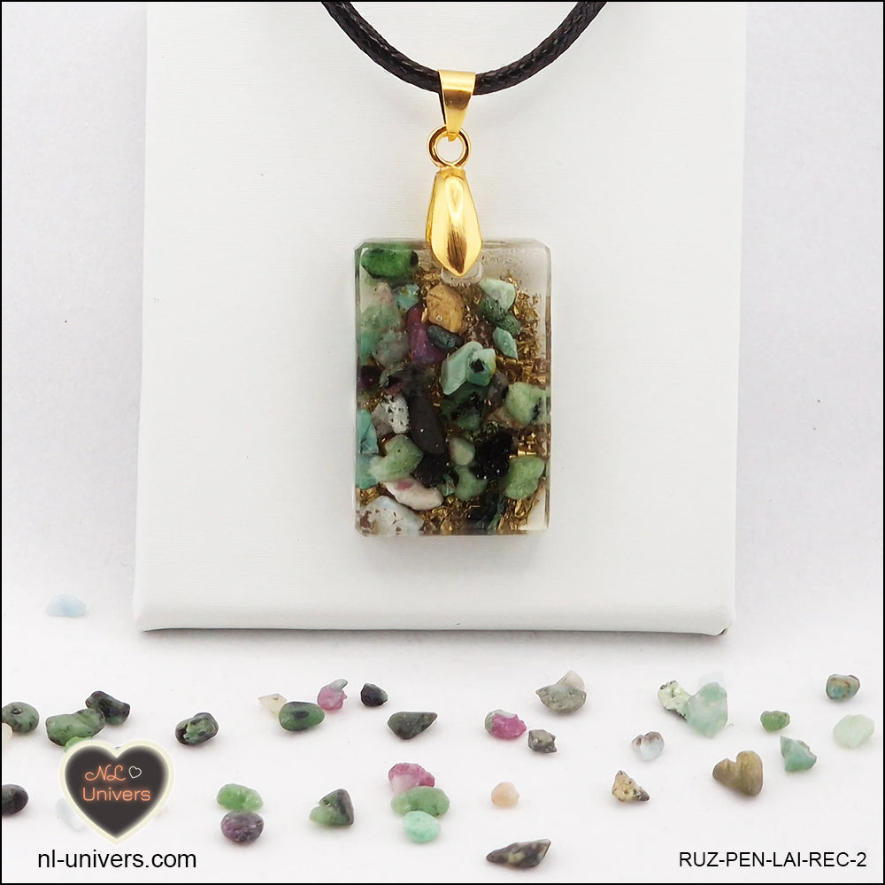 Ruby-Zoisite rectangle pendant M.1 in brass orgonite