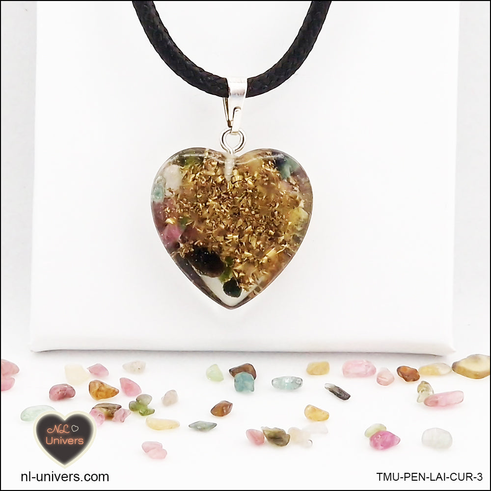 Multicolor Tourmaline heart pendant M.2 in brass orgonite