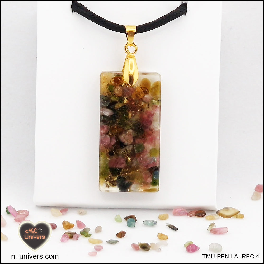 Multicolored Tourmaline rectangle M.2 pendant in brass orgonite