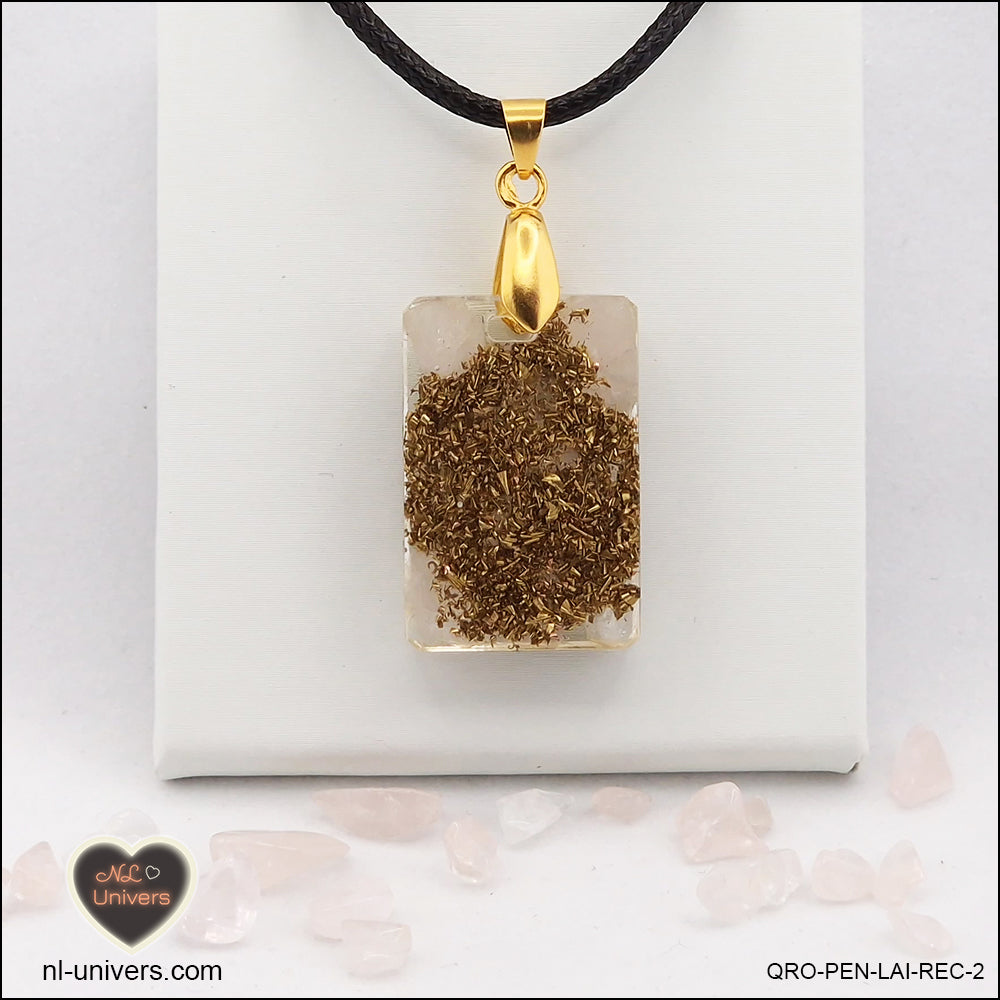 Pendentif Quartz rose rectangle M.1 en orgonite laiton