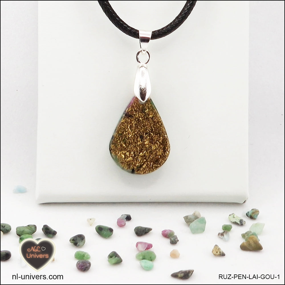 Pendentif Rubis-Zoïsite goutte en orgonite laiton