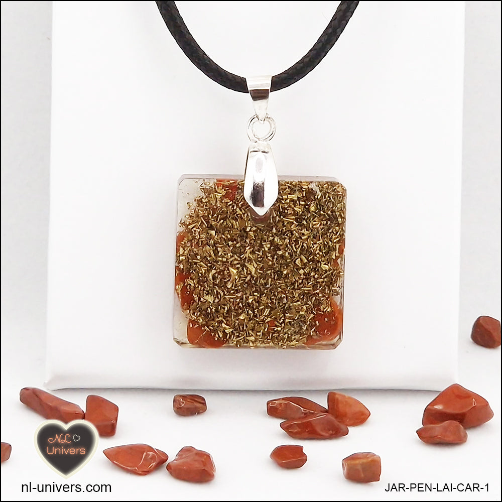 Square red jasper pendant M.1 in brass orgonite