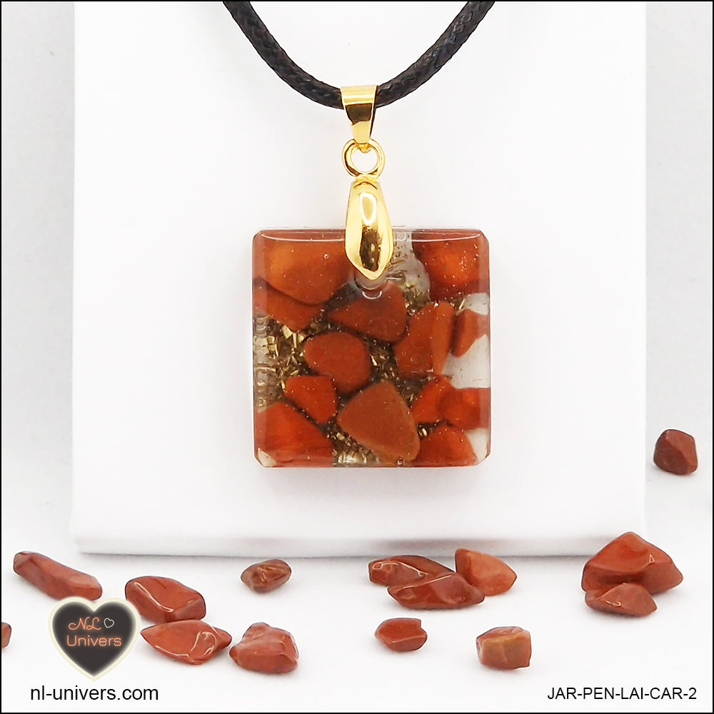 Square red jasper pendant M.1 in brass orgonite