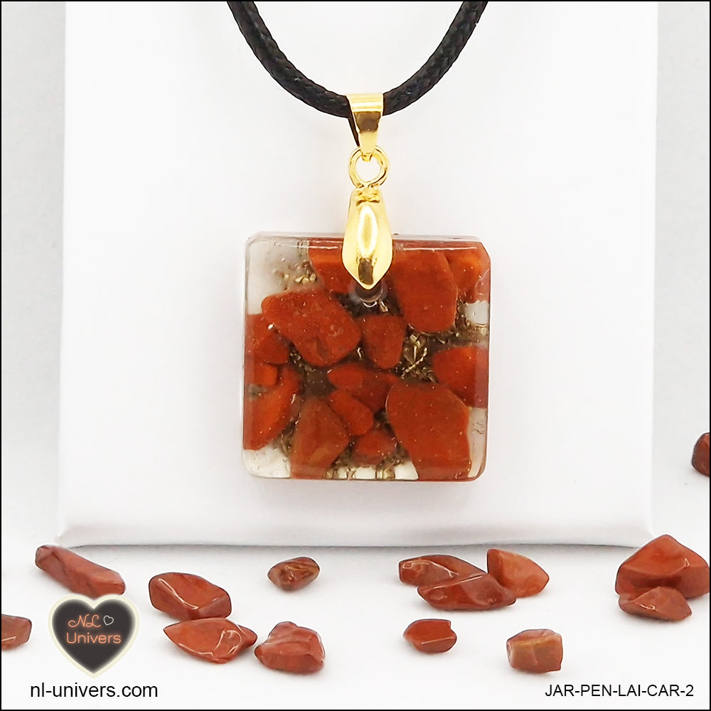 Square red jasper pendant M.1 in brass orgonite