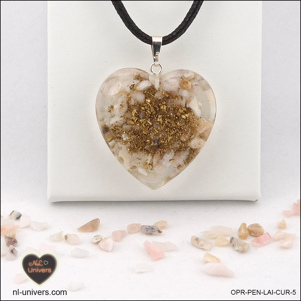 Pendentif Opale rose cœur M.3 en orgonite laiton