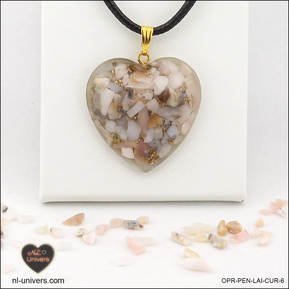 Pink Opal heart pendant M.3 in brass orgonite