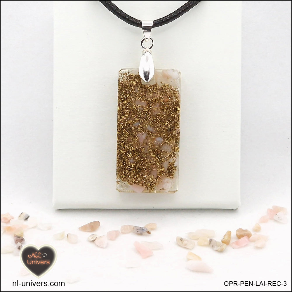 Pendentif Opale rose rectangle M.2 en orgonite laiton