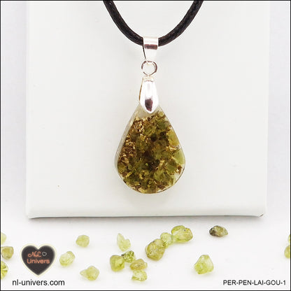 Peridot drop pendant in brass orgonite