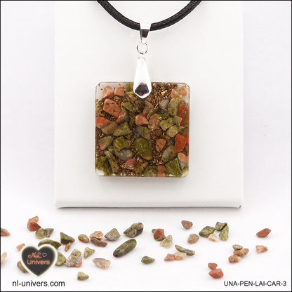 Square Unakite pendant M.2 in brass orgonite