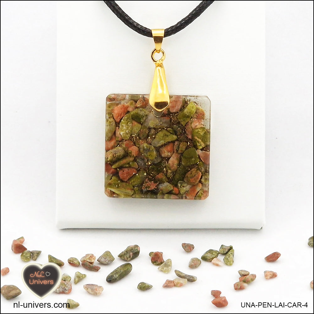 Square Unakite pendant M.2 in brass orgonite