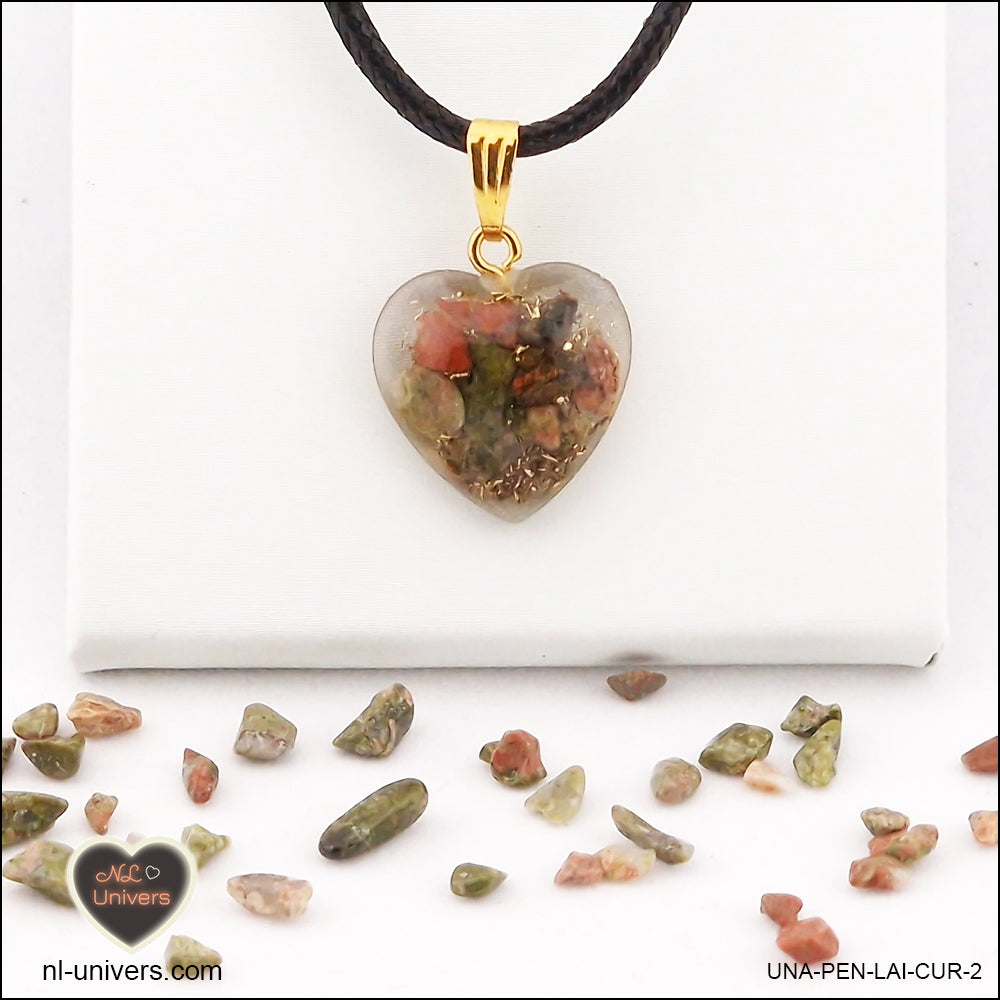 Unakite heart pendant M.1 in brass orgonite