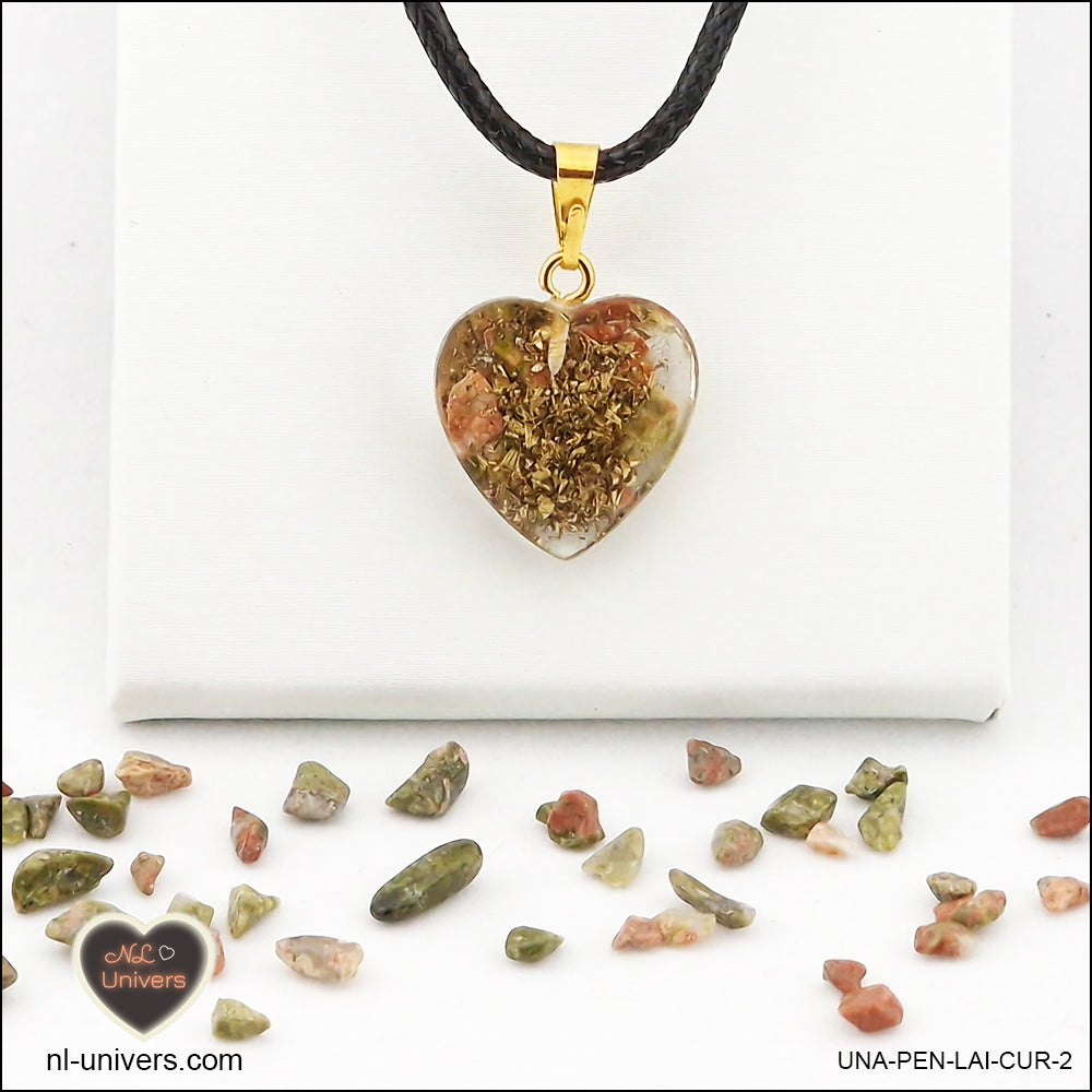 Unakite heart pendant M.1 in brass orgonite