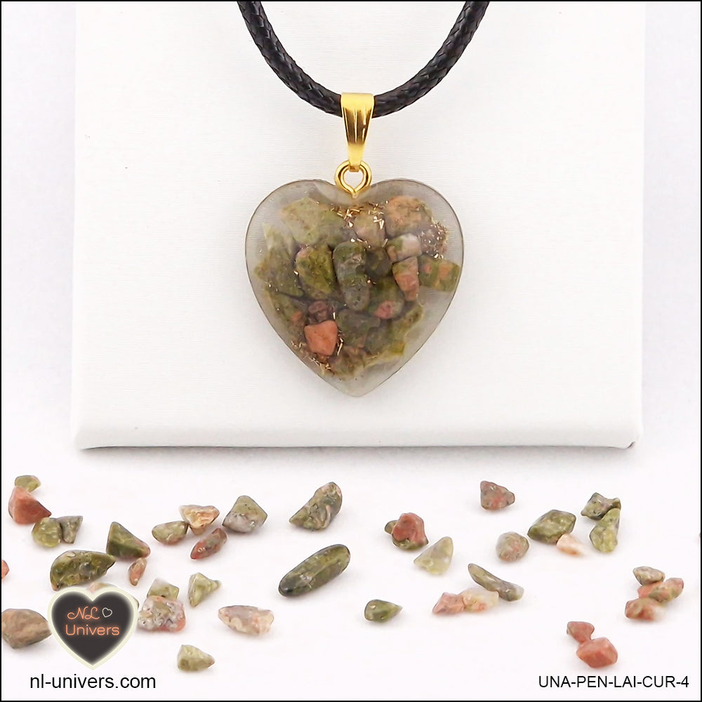 Unakite heart pendant M.2 in brass orgonite