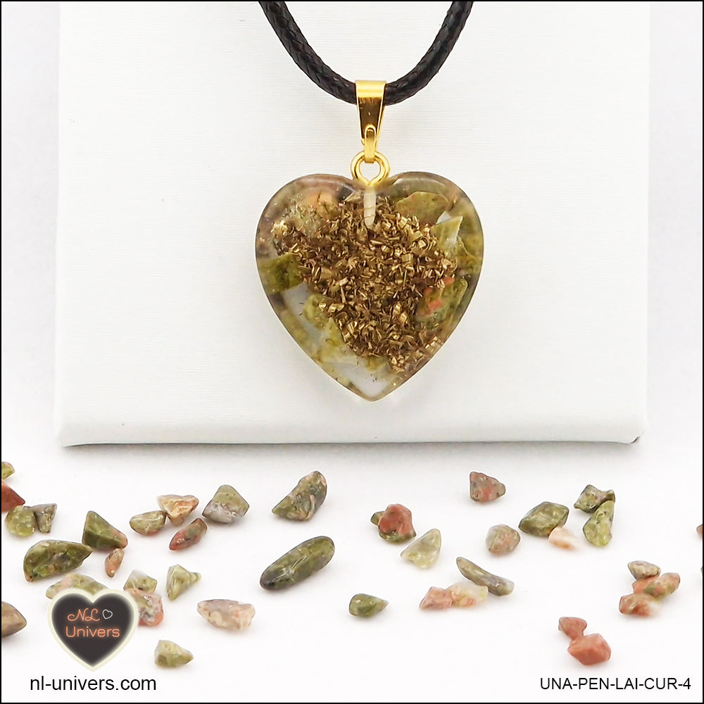 Unakite heart pendant M.2 in brass orgonite